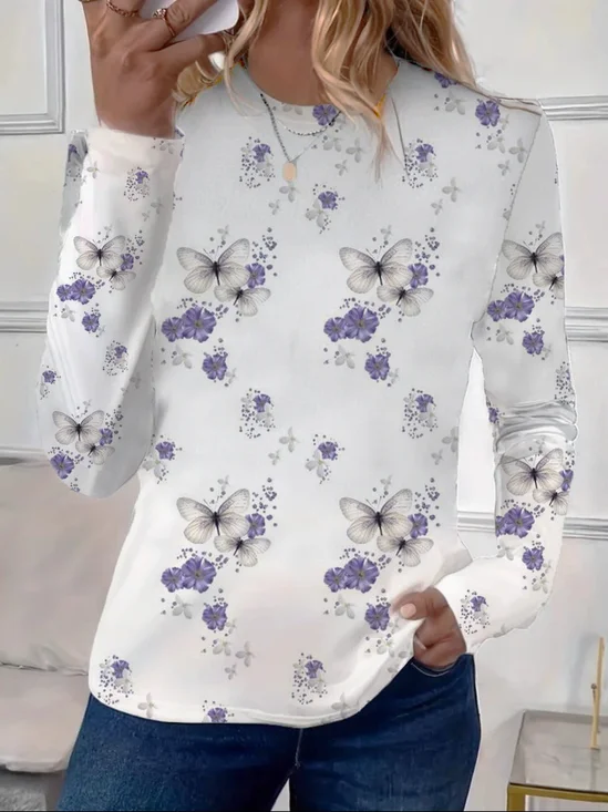Women's Floral Butterfly Print Casual Round Neck Long Sleeve T-Shirt