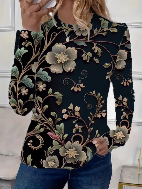 Women's Floral Print Casual Crew Neck Long Sleeve T-Shirt
