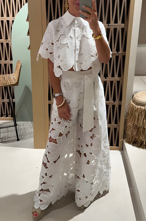 Women's Fashion Temperament Versatile Hollow Lace Solid Color Sexy Cardigan Top Wide-Leg Pants Two-Piece Set