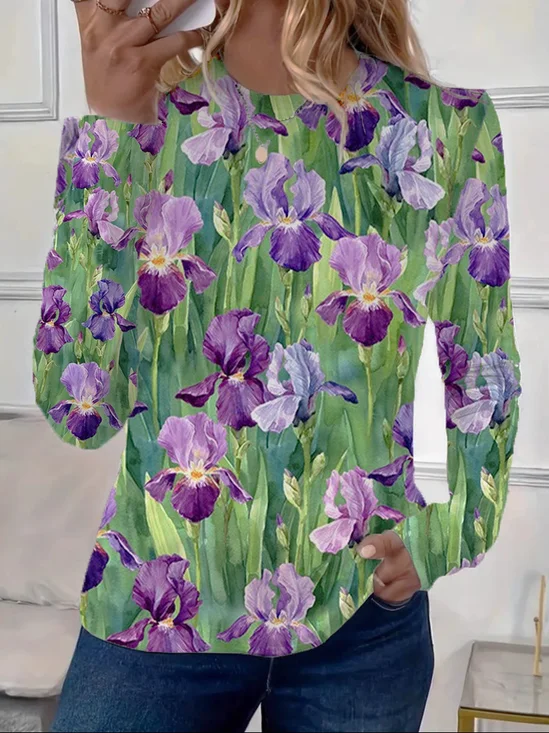 Women's Floral Print Casual Crew Neck Long Sleeve T-Shirt
