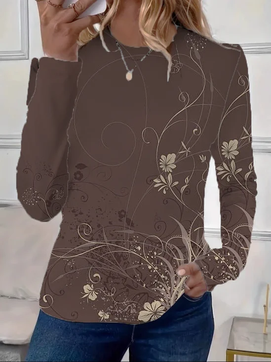 Women's Floral Print Casual Crew Neck Long Sleeve T-Shirt
