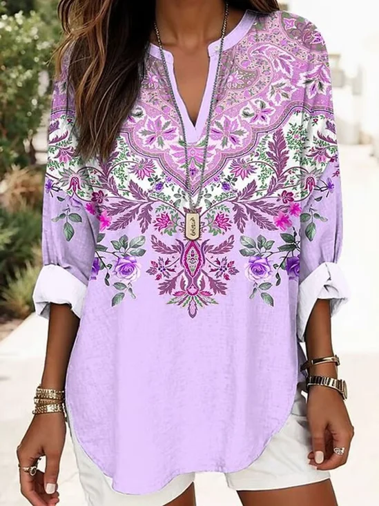Women's Long Sleeve Blouse Spring/Fall Purple Floral Printing Cotton-Blend V Neck Daily Going Out Casual Top