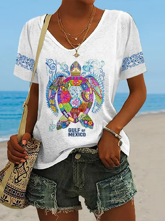 Women's Gulf Of Mexico Print Casual V Neck T-Shirt