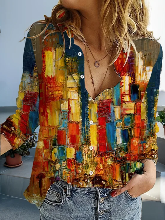 Women's Long Sleeve Shirt Spring/Fall As Picture Abstract Buckle Shirt Collar Daily Going Out Casual Top