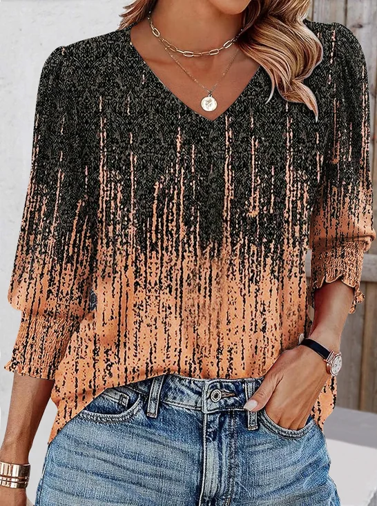 V Neck Casual Floral Cotton T-Shirt