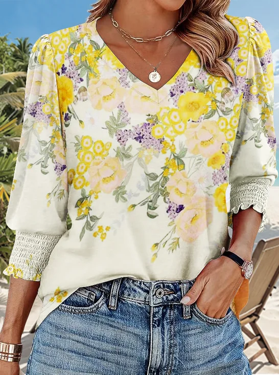 V Neck Casual Floral Cotton T-Shirt