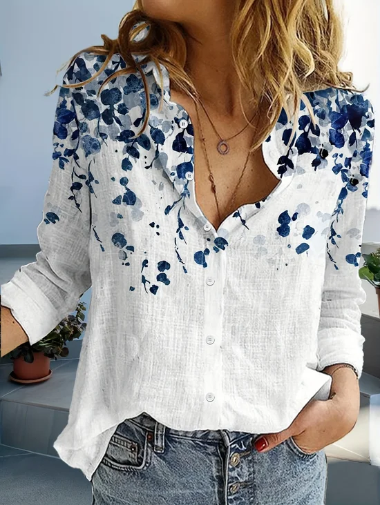 Women's Long Sleeve Shirt Spring/Fall White Floral Buckle Shirt Collar Daily Going Out Casual Top