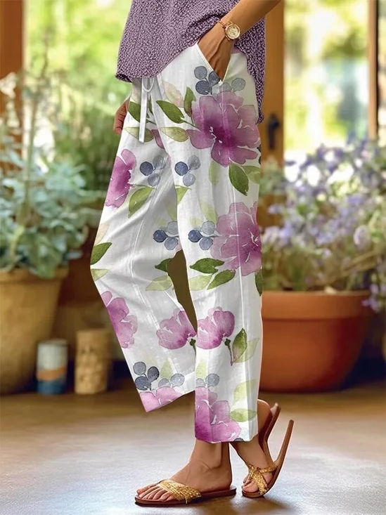 Women's  H-Line Baggy Pants Daily Going Out Pants White Casual Printing Floral Spring/Fall Pants