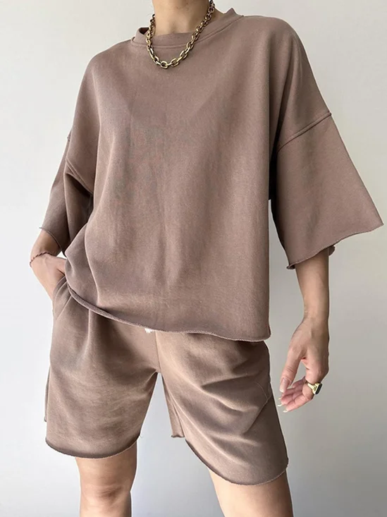 Casual Plain Crew Neck Two-Piece Set