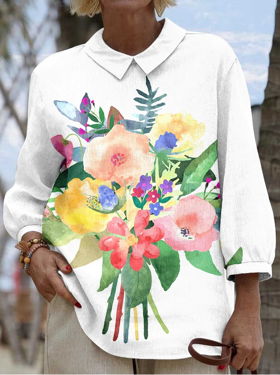 Floral Loose Boho Linen Blend Shirt