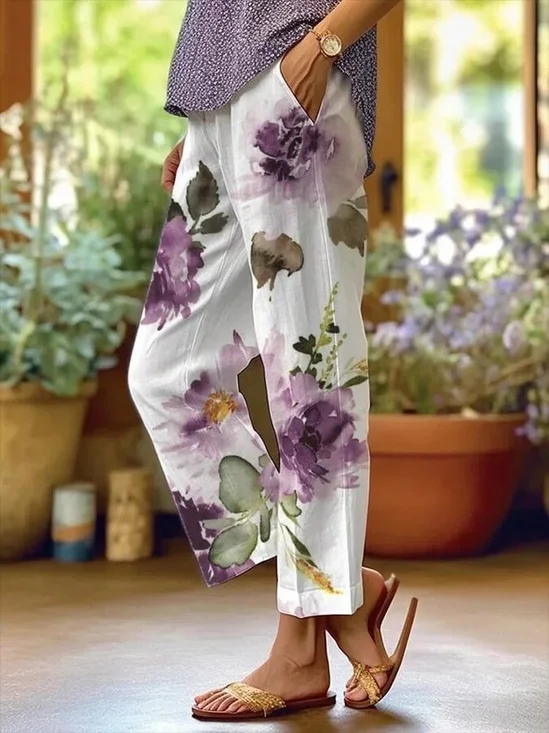 Women's  H-Line Baggy Pants Daily Going Out Pants White Casual Printing Floral Spring/Fall Pants