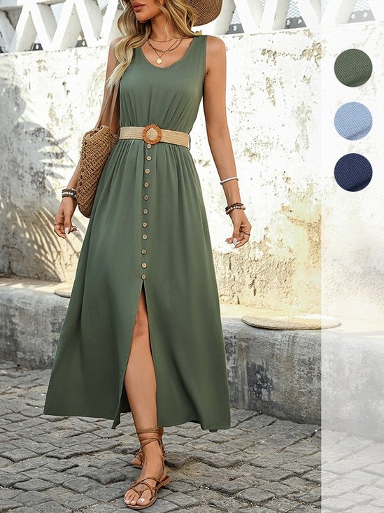 Women's Sleeveless Summer Army Green Plain Split Joint V Neck Daily Going Out Vintage Maxi A-Line Tank Dress