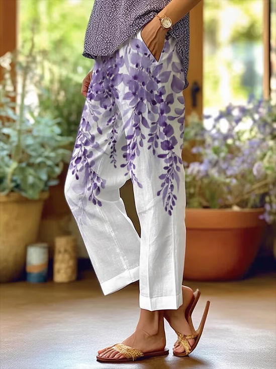 Women's  H-Line Baggy Pants Daily Going Out Pants White Casual Printing Floral Spring/Fall Pants