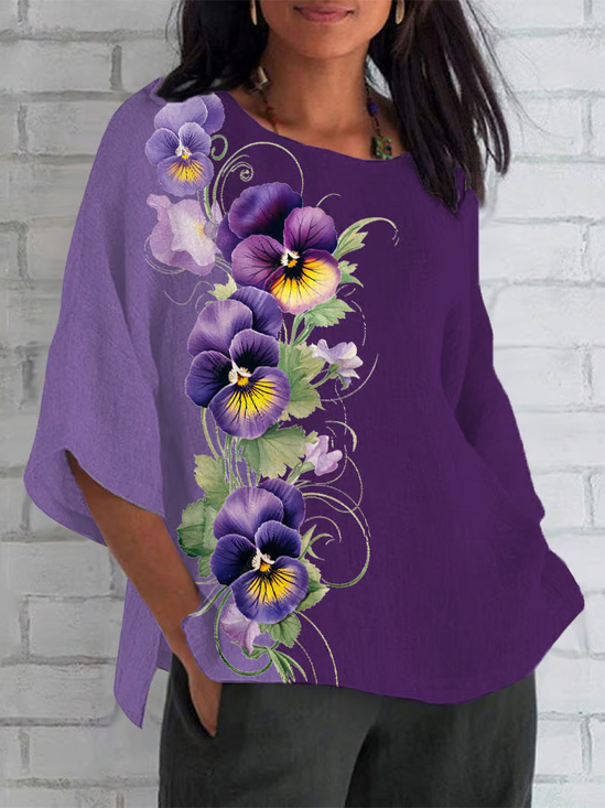 Women's Half Sleeve T-shirt Summer Purple Floral Crew Neck Daily Going Out Casual Top