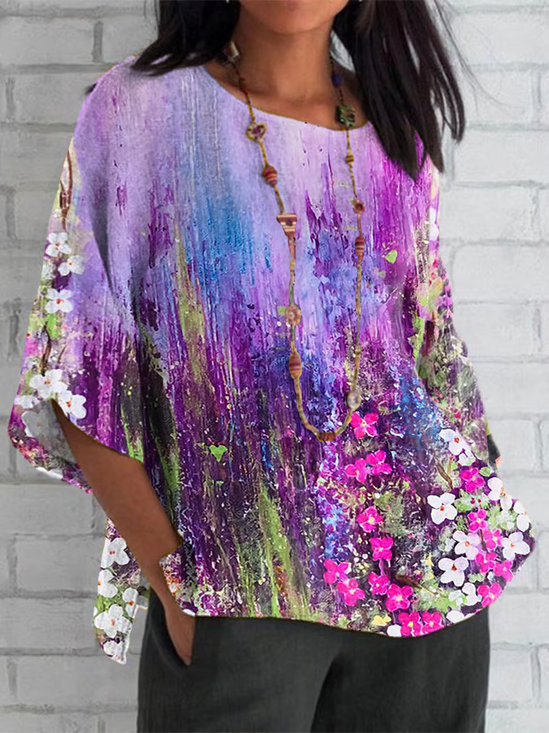 Women's Half Sleeve T-shirt Summer Purple Floral Crew Neck Daily Going Out Casual Top