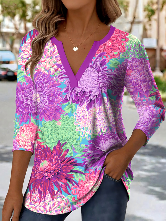 Printed Commuter V-Neck Long Sleeve Chrysanthemum Floral T-Shirt