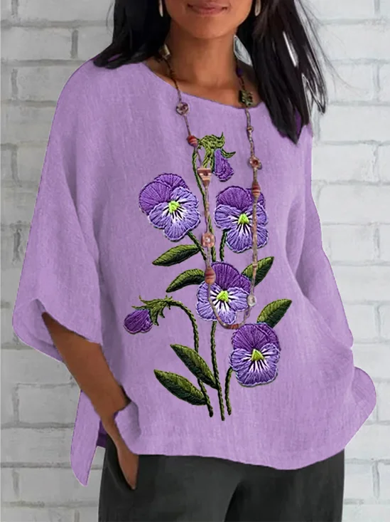 Women's Half Sleeve T-shirt Summer Deep Purple Floral Crew Neck Daily Going Out Casual Top