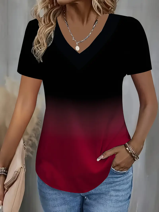 Women's Short Sleeve T-shirt Summer Black-red Ombre Printing V Neck Daily Going Out Casual Top