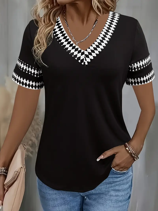 Women's Short Sleeve T-shirt Summer Black Geometric Printing V Neck Daily Going Out Casual Top
