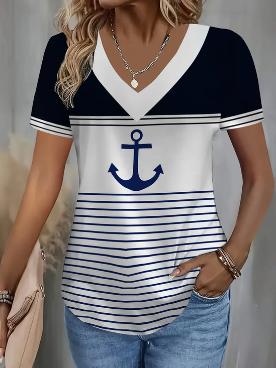 Women's Short Sleeve T-shirt Summer White Anchor Printing V Neck Daily Going Out Casual Top