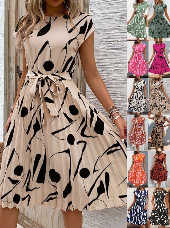 Women's Short Sleeve Summer Apricot Abstract Graphic Split Joint V Neck Daily Going Out Vintage Midi A-Line Tank Dress