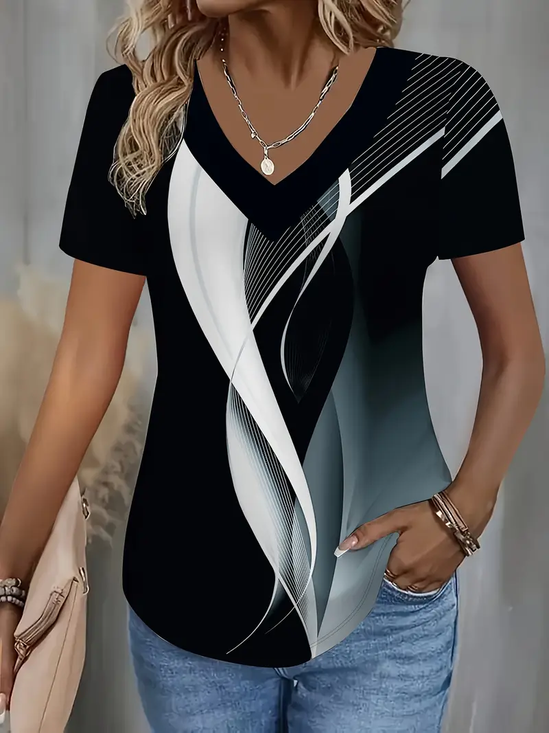 Women's Short Sleeve T-shirt Summer Black Abstract Printing V Neck Daily Going Out Casual Top