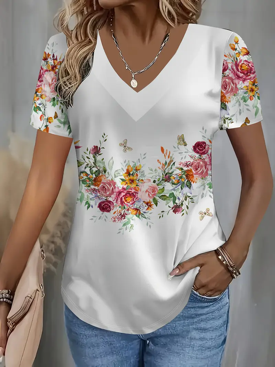 Women's Short Sleeve T-shirt Summer White Floral Printing V Neck Daily Going Out Casual Top