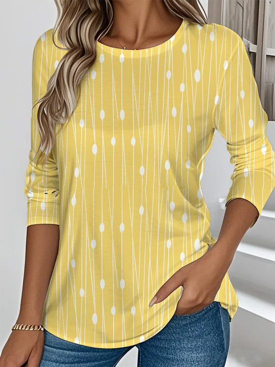 Elegant Commuter Striped Polka Dot Pattern Round Neck Long Sleeve T-Shirt