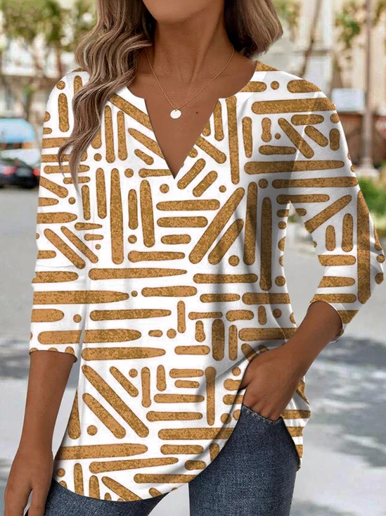 Elegant Commuter Striped Patchwork Pattern Print V-Neck Long-Sleeved T-Shirt