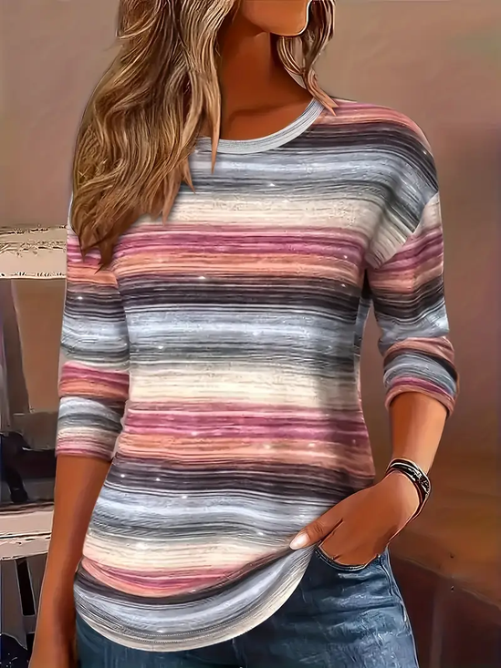 Women's Long Sleeve T-shirt Spring/Fall As Picture Striped Printing Jersey Crew Neck Daily Going Out Casual Top