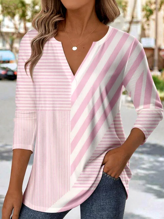 Elegant Commuter Striped Patchwork Pattern Print V-Neck Long-Sleeved T-Shirt
