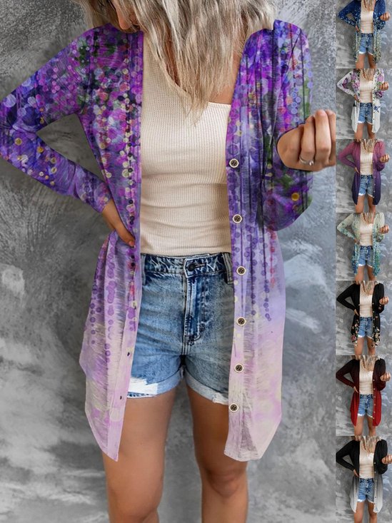 Floral Geometric Print Gradient Patchwork Mid-length Coat Cardigan