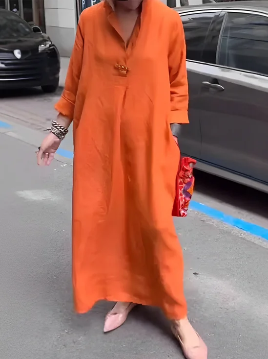 Casual Plain Lapel Collar Maxi Dress
