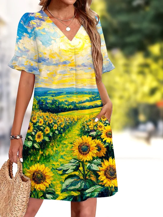 V Neck Casual Plain Dress With No