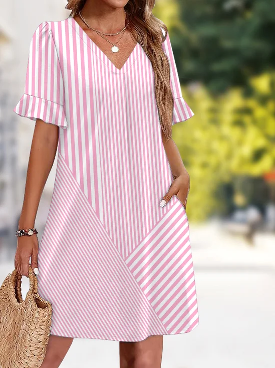 Casual V Neck Plain Dress With No