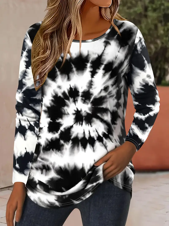Women's Long Sleeve T-shirt Spring/Fall Black-white Tie-Dye Pattern Printing Jersey Crew Neck Daily Going Out Casual Top