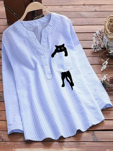 Women's Long Sleeve Shirt Spring/Fall Sky Blue Striped Split Joint V Neck Daily Going Out Casual Top
