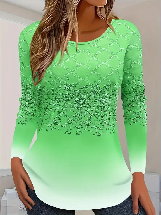 Women's Long Sleeve T-shirt Spring/Fall Green Abstract Printing Jersey Crew Neck Daily Going Out Casual Top