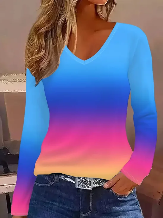 Women's Gradient Printed Casual V-Neck Long Sleeve T-Shirt