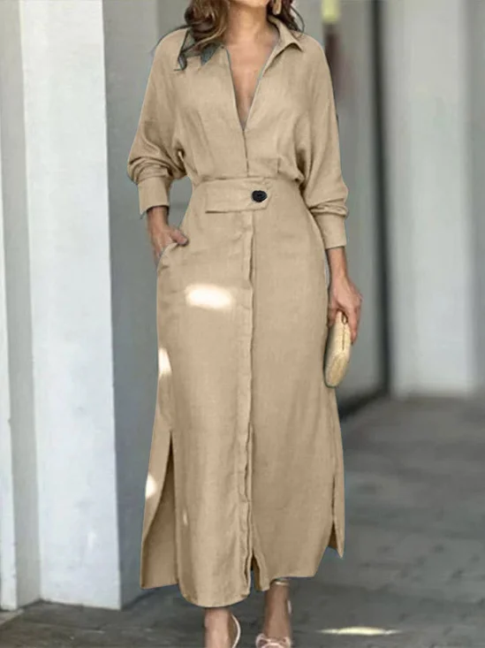 Women's Long Sleeve Spring/Fall Plain Split Joint V Neck Daily Going Out Maxi Dress