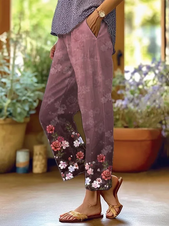 Women's  H-Line Baggy Pants Daily Going Out Pants Deep Pink Casual Printing Floral Spring/Fall Pants