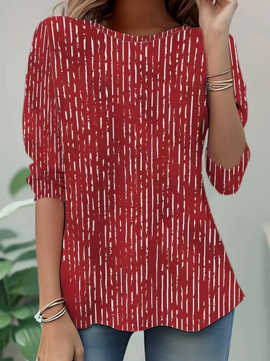 Women's Long Sleeve T-shirt Spring/Fall Red Abstract Stripes Printing Jersey Crew Neck Daily Going Out Casual Top