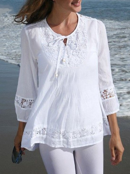 Women's Long Sleeve T-shirt Spring/Fall White Plain Jacquard Cotton Crew Neck Daily Going Out Casual Top