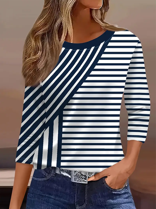 Women's Three Quarter Sleeve T-shirt Spring/Fall Purplish blue Striped Crew Neck Daily Going Out Casual Top