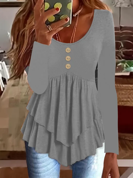 Elegant Commuting Slim Fit Three-Button Casual Solid Color Long-Sleeved Dress Top