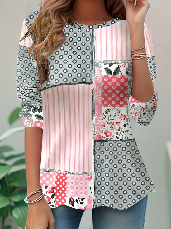 Women's Long Sleeve T-shirt Spring/Fall Pink Floral Printing Jersey Crew Neck Daily Going Out Casual Top