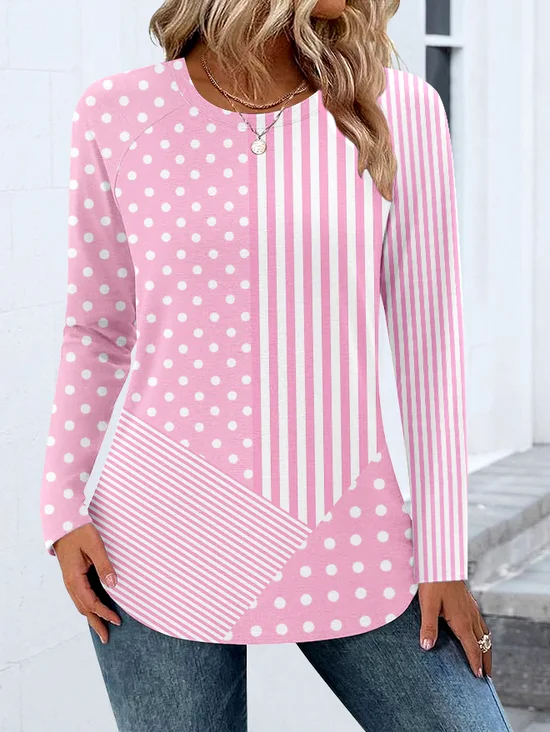 Women Casual Color Block Spring/Fall Cotton Micro-Elasticity Daily Crew Neck A-Line Regular T-shirts