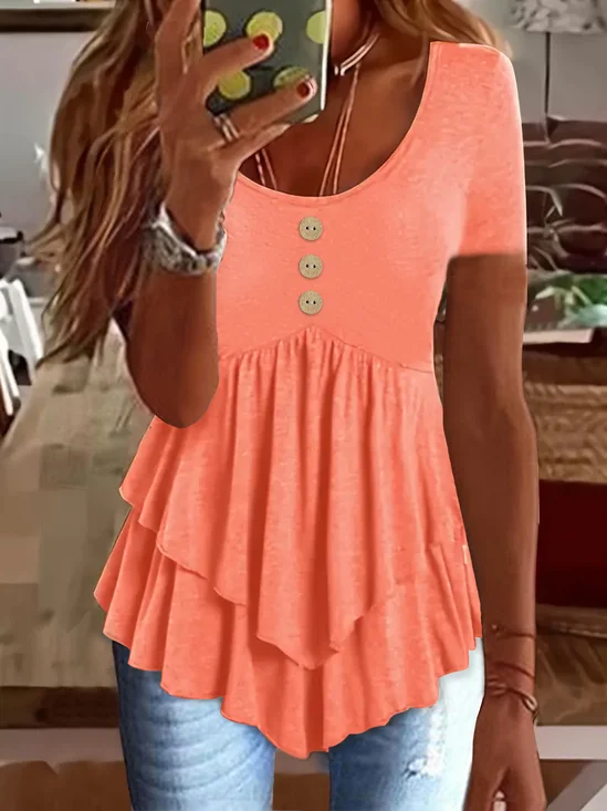 Elegant Commuting Slim Fit Three-Button Casual Solid Color Short-Sleeved Dress Top
