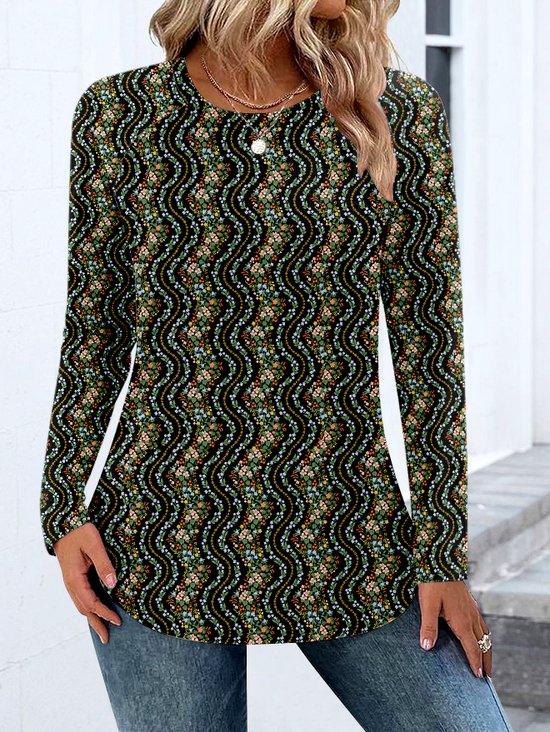 Women Casual Color Block Spring/Fall Polyester Micro-Elasticity Regular Fit Long Sleeve Regular Regular T-shirts