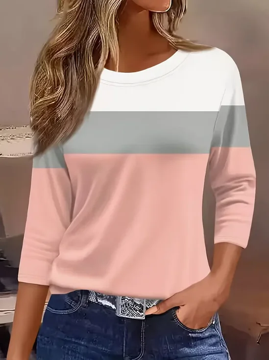 Women's Three Quarter Sleeve T-shirt Spring/Fall Pink Multicolor Block Crew Neck Daily Going Out Casual Top